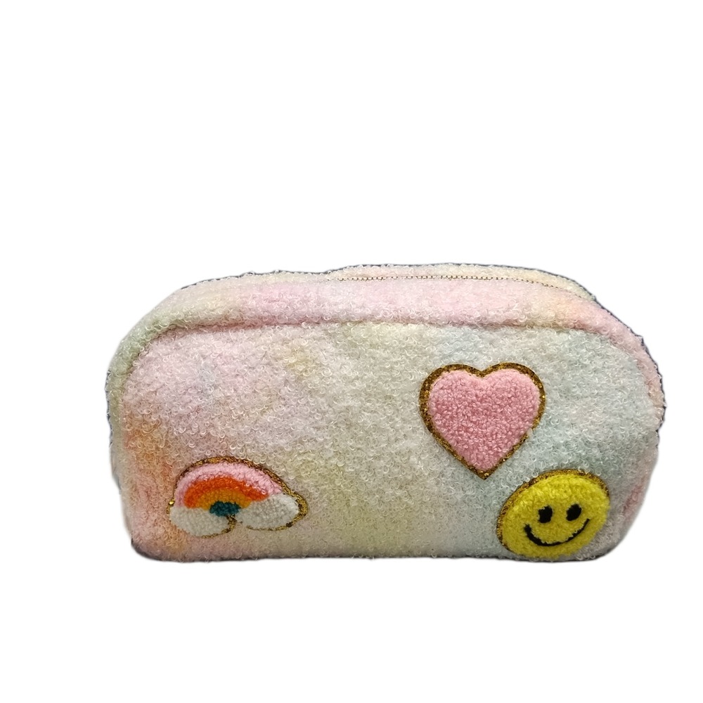 GRWM Fluffy Cosmetic Bag Womens Multi Tie Dye Sherpa Rainbow Heart Smiley Face